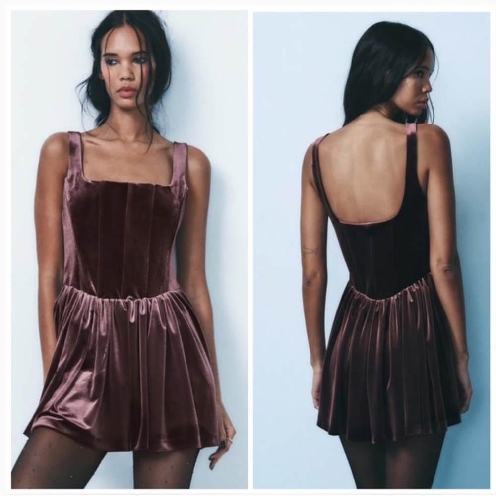 Zara Velvet Ruched Corset Mini Dress Basque Waist Coquette Plum Size Medium NEW